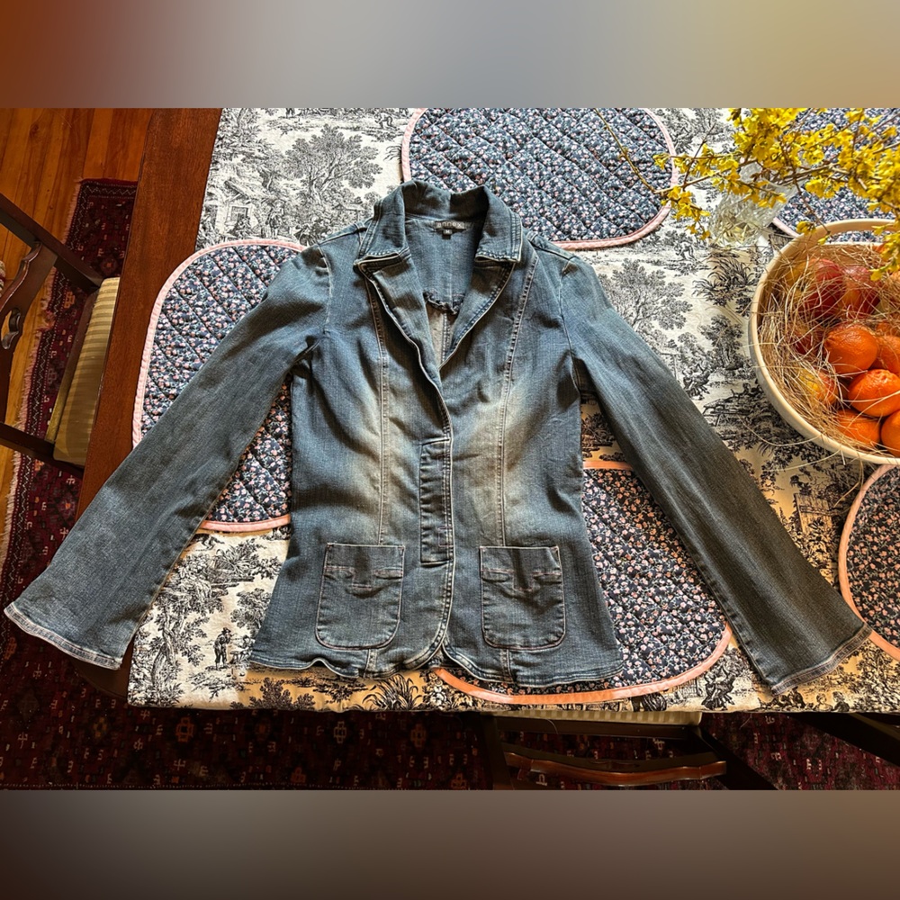 AnneX stretch jean jacket, romantic bell sleeve